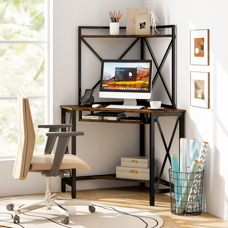 Multifunctional SpaceSaving Corner Computer Desk With Hutch PullOut Keyboard Tray  Builtin Charging 1