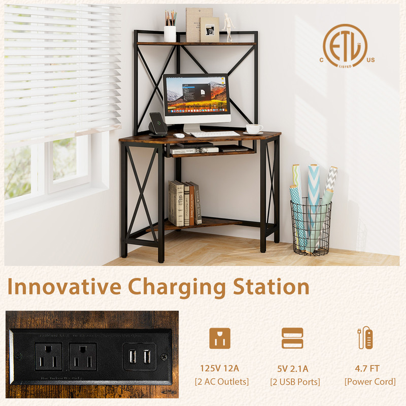 Multifunctional SpaceSaving Corner Computer Desk With Hutch PullOut Keyboard Tray  Builtin Charging 5