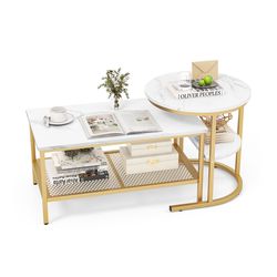 modern nesting coffee table with extra storage shelf for living room, faux marble round tables with sturdy metal frame