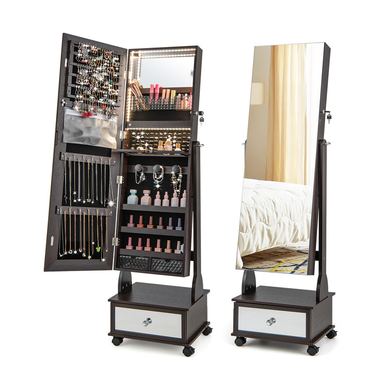 Luxury Lockable Jewelry Cabinet Armoire With Color LED Lights Mirror Cosmetic Storage  Mobile Desig 0