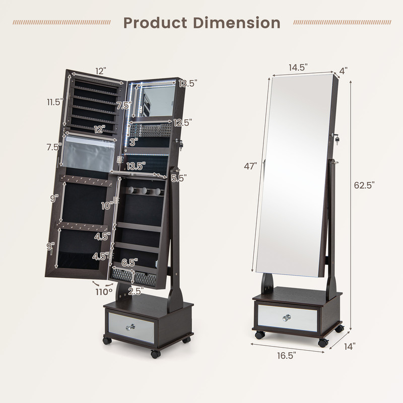 Luxury Lockable Jewelry Cabinet Armoire With Color LED Lights Mirror Cosmetic Storage  Mobile Desig 7