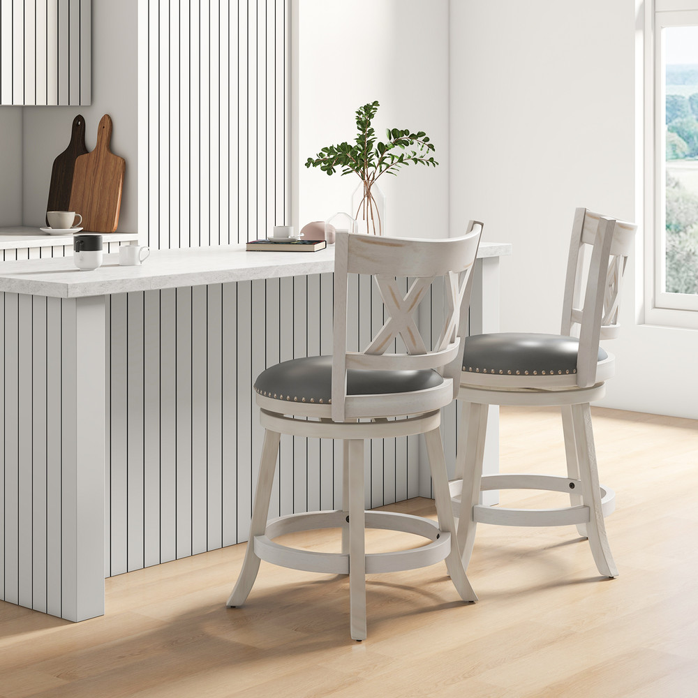 Rustic HandAntiqued Stool Set With Wide Cushioned Seats Swivel Counter Chairs With Backrest Solid 2