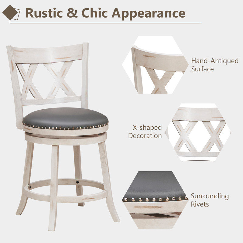 Rustic HandAntiqued Stool Set With Wide Cushioned Seats Swivel Counter Chairs With Backrest Solid 3