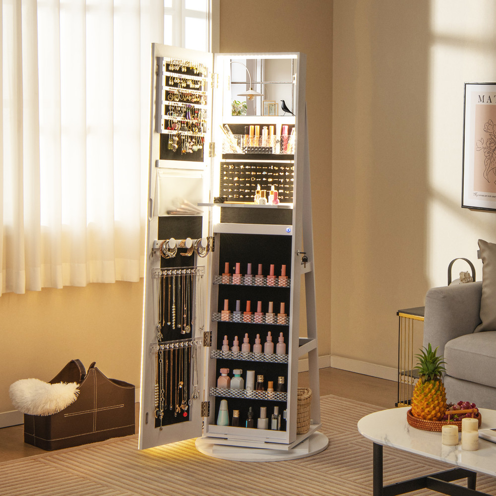 Standing Jewelry Cabinet With LED Lighted Mirrors FullLength Lockable Armoire With Rotating Base Va 1
