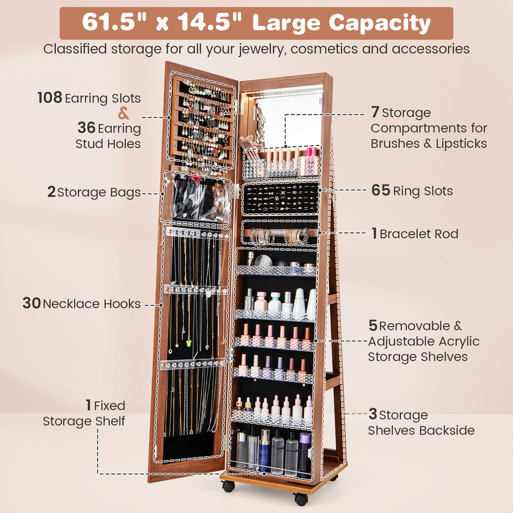 FullLength Lockable Jewelry Cabinet Armoire With Builtin LED Makeup Mirror Adjustable Shelves  Velv 5