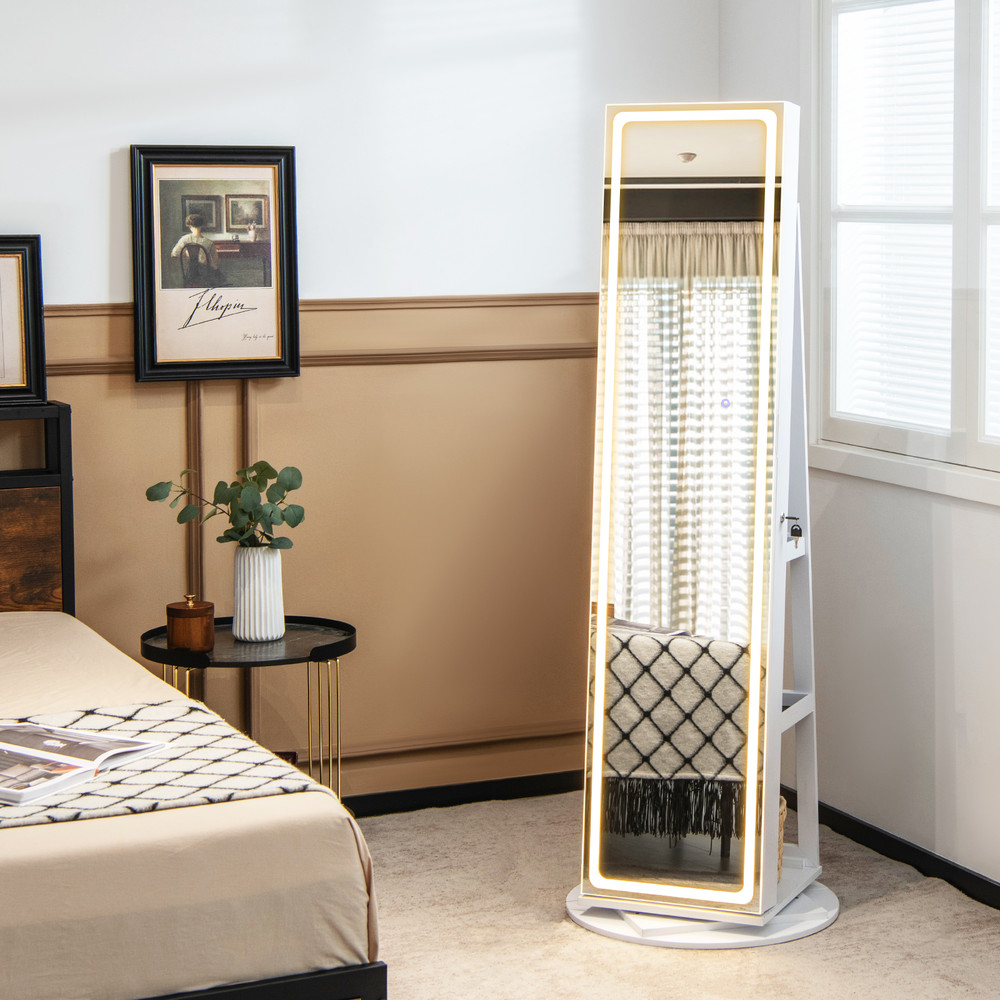 Standing Jewelry Cabinet With LED Lighted Mirrors FullLength Lockable Armoire With Rotating Base Va 2