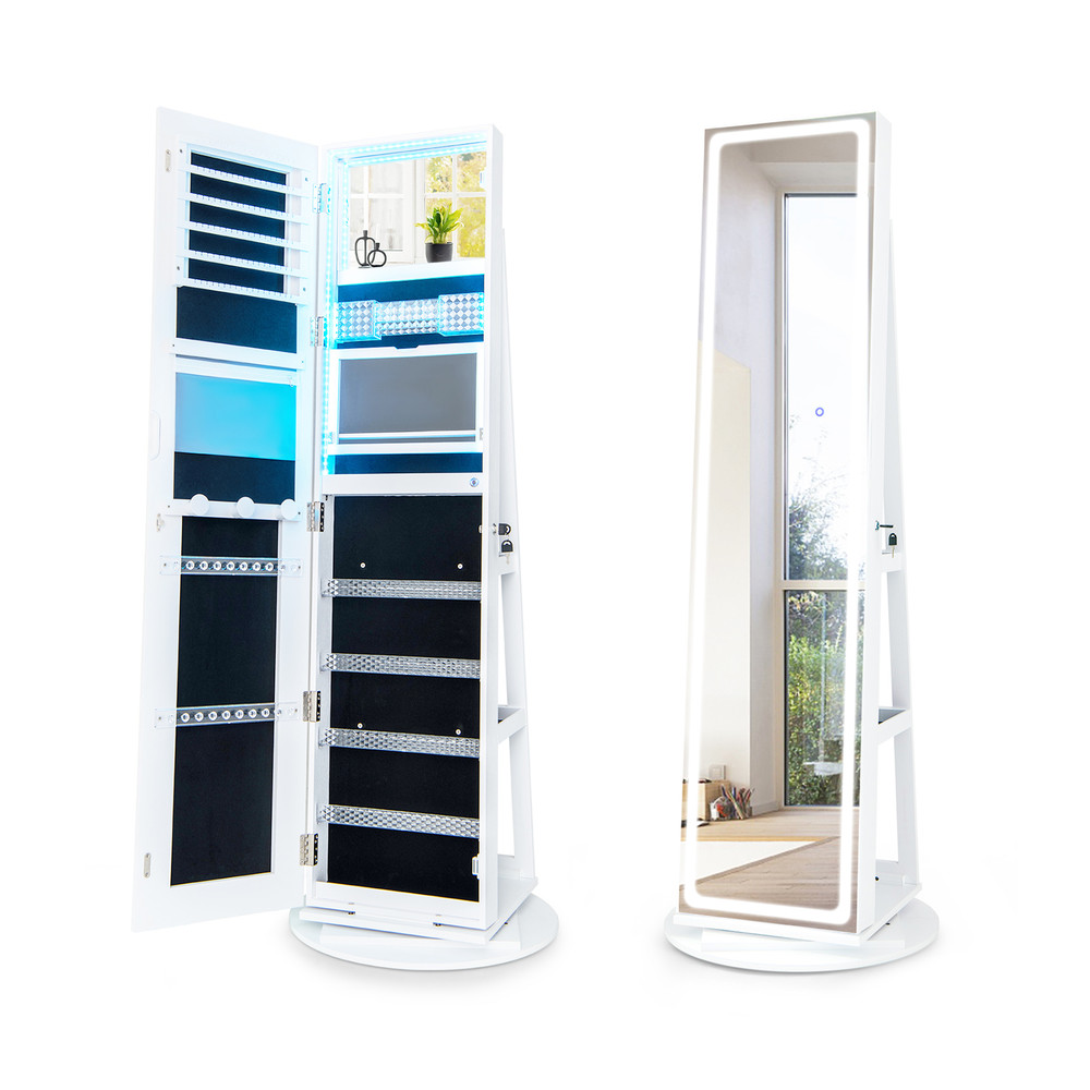 Standing Jewelry Cabinet With LED Lighted Mirrors FullLength Lockable Armoire With Rotating Base Va 0