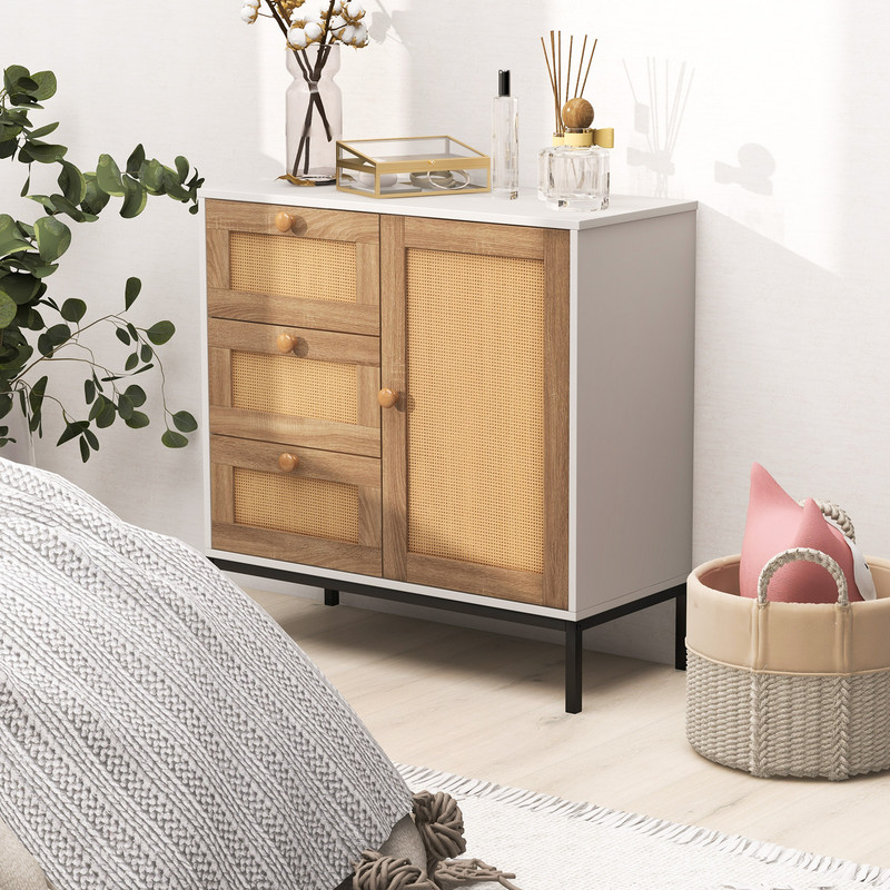 Modern Rattan Sideboard Buffet Cabinet With Door And Drawers Farmhouse Storage Organizer For Kitche 2