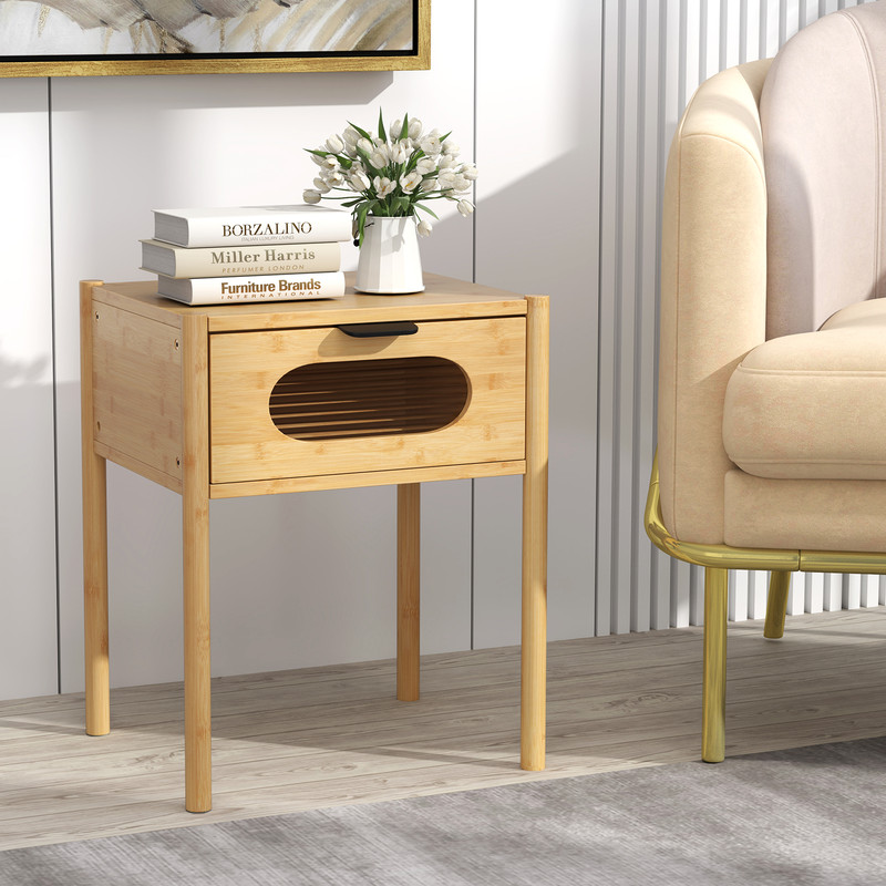 Natural Bamboo Nightstand Square Tall End Table With Glass Decorated Drawer Elegant And SpaceSaving 1