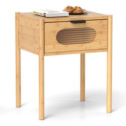 natural bamboo nightstand square tall end table with glass decorated drawer, elegant and space-saving bedside table