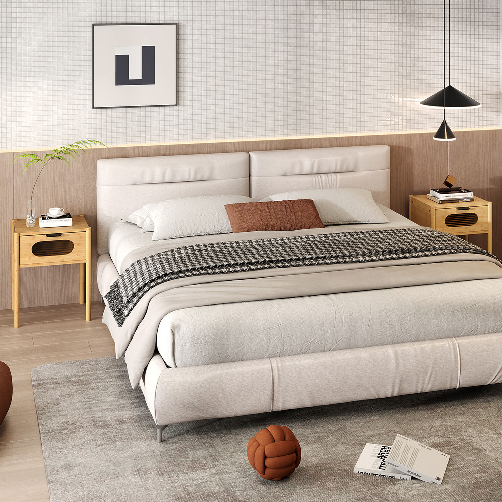 Natural Bamboo Nightstand Square Tall End Table With Glass Decorated Drawer Elegant And SpaceSaving 4