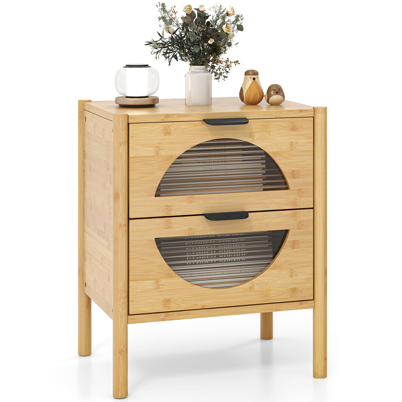 Modern Bamboo Nightstand With Storage Drawers And Reeded Tempered Glass Sustainable Bedside Table F 7