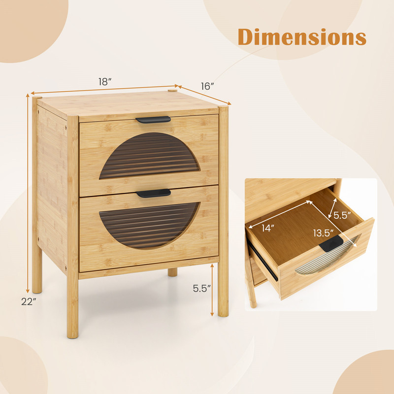 Modern Bamboo Nightstand With Storage Drawers And Reeded Tempered Glass Sustainable Bedside Table F 6