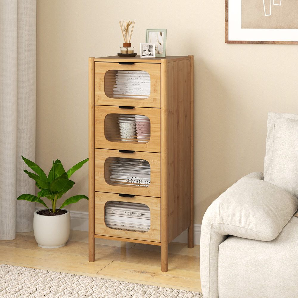 Modern Bamboo Drawer Dresser With Fluted Tempered Glass Drawers Stylish Storage Cabinet For Bedroom 1