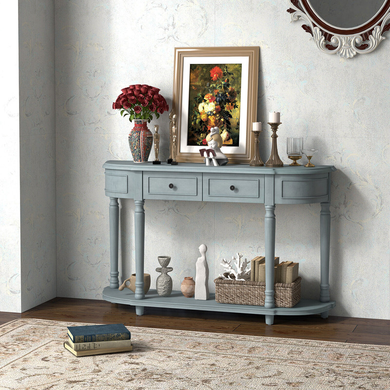 Vintage Console Table With Storage Retro Entryway Sofa Table With Drawers  Open Shelf For Hall Livi 1