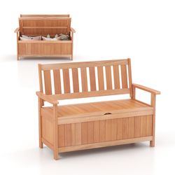 outdoor patio wood storage bench with slatted backrest, dual-purpose garden seat & storage chest for cushions