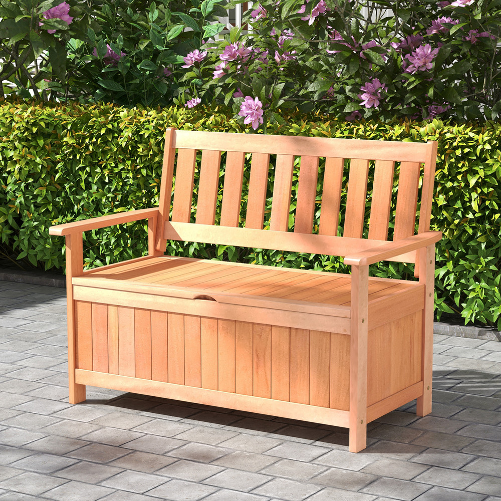 Outdoor Patio Wood Storage Bench With Slatted Backrest DualPurpose Garden Seat  Storage Chest For C 3