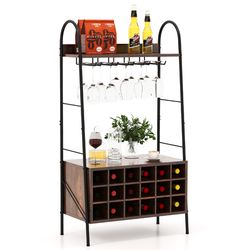 multifunctional bakers rack with bottle wine rack & rows of stemware holder, kitchen storage shelf with glass organizer