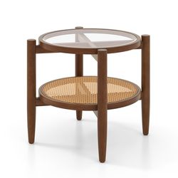 modern rattan round side end table with tempered glass top, compact coffee or sofa table for indoor & outdoor decor