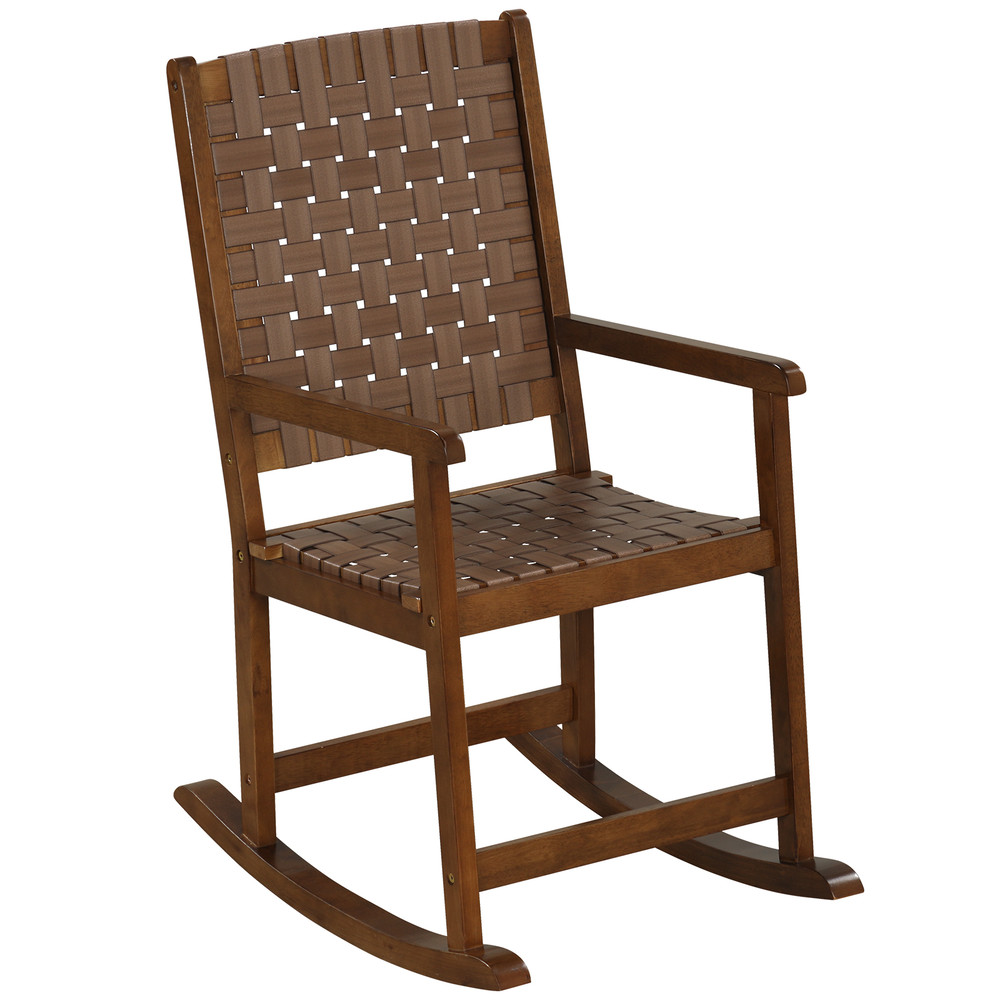 Elegant Patio Wood Rocking Chair With PU Leather Seat And Durable Rubber Wood Frame Indoor Outdoor 0