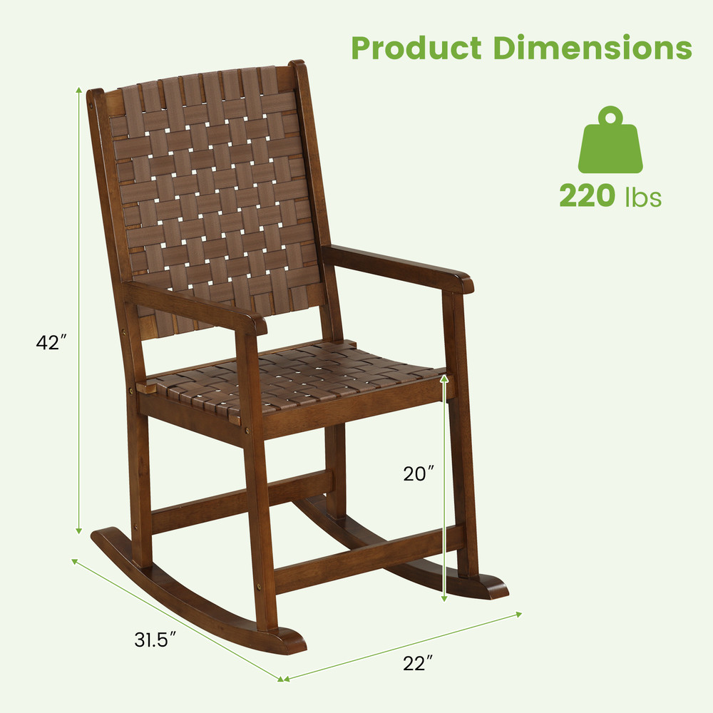 Elegant Patio Wood Rocking Chair With PU Leather Seat And Durable Rubber Wood Frame Indoor Outdoor 7