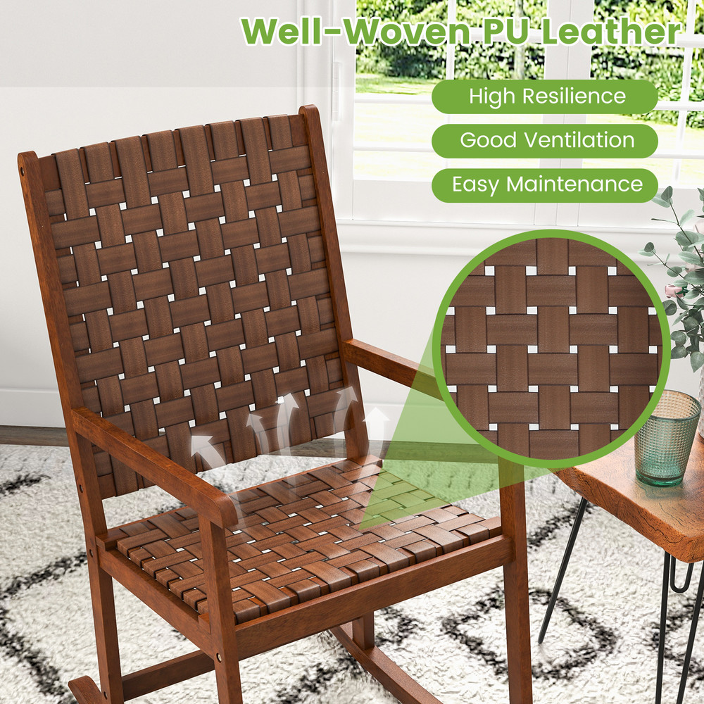 Elegant Patio Wood Rocking Chair With PU Leather Seat And Durable Rubber Wood Frame Indoor Outdoor 3