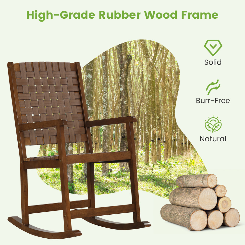 Elegant Patio Wood Rocking Chair With PU Leather Seat And Durable Rubber Wood Frame Indoor Outdoor 4