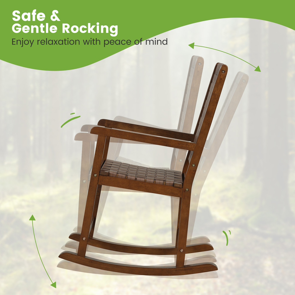 Elegant Patio Wood Rocking Chair With PU Leather Seat And Durable Rubber Wood Frame Indoor Outdoor 6