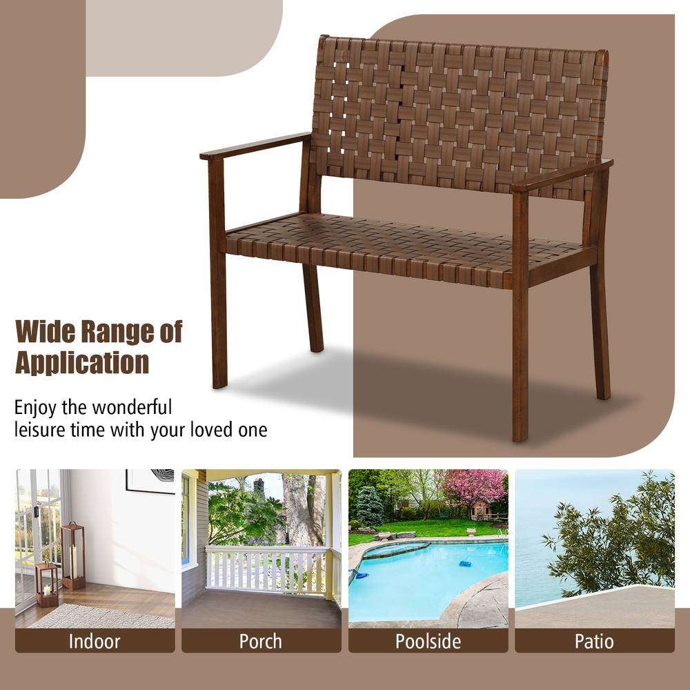 Hand Woven PU Leather Outdoor All Weather Bench With Solid Rubber Wood Frame Elegant Patio Loveseat 4