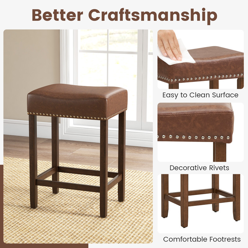 24 Inch Upholstered PU Leather Bar Stools Set Of 2 Comfortable  Stylish Counter Height Stools 2