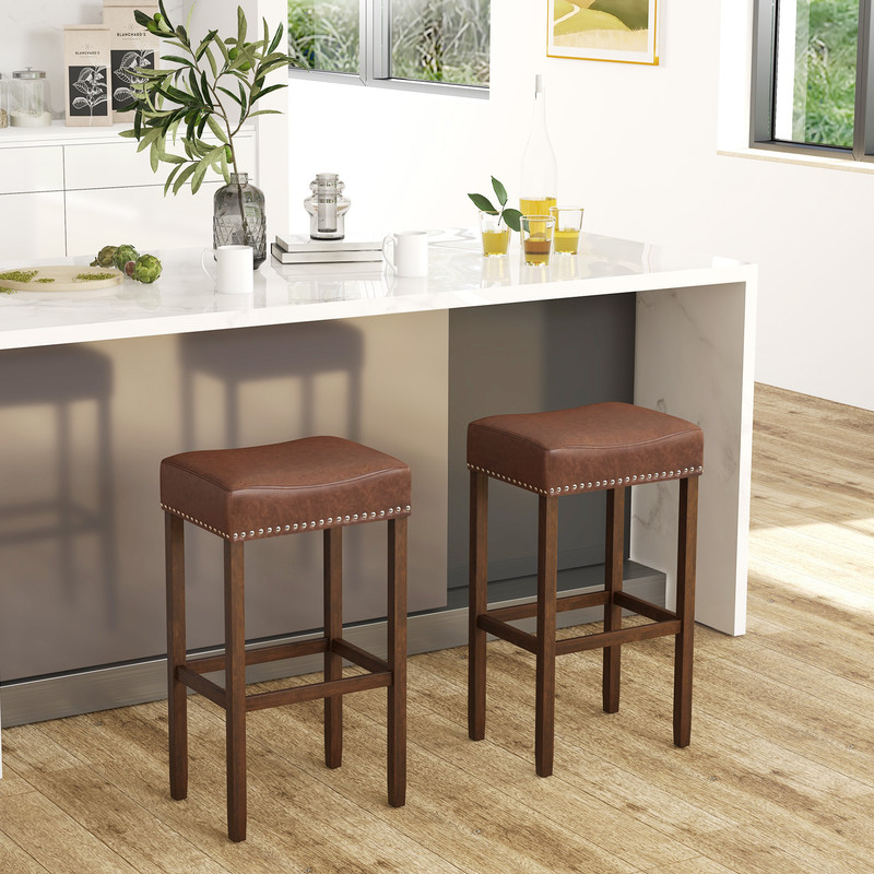 Upholstered Bar Stools Set Of 2 With Footrests Counter Height PU Leather Stools For Kitchen  Home B 0