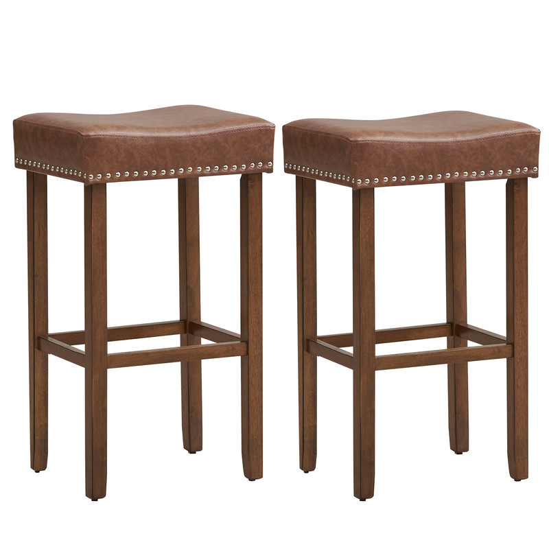 Upholstered Bar Stools Set Of 2 With Footrests Counter Height PU Leather Stools For Kitchen  Home B 5