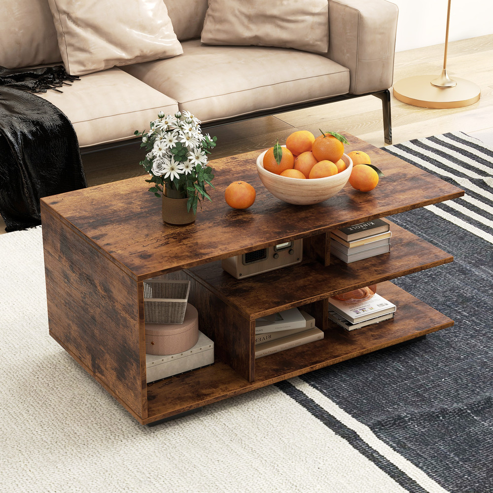 Stylish Rectangular Coffee Table Featuring LShaped Middle Shelf Durable Spacious 0