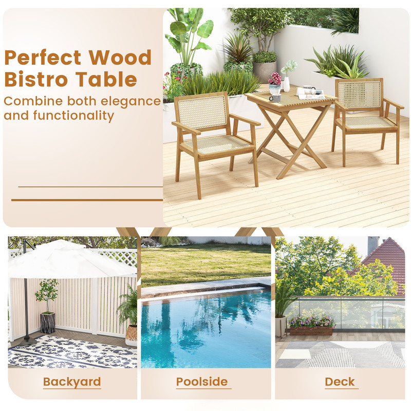 275 Inch Indonesia Teak Patio Bistro Table Slatted Tabletop  Sturdy Wood Frame For Outdoor Dining 5