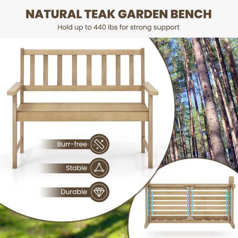 Outdoor Indonesia Teak Wood Garden Bench 2Person Patio Bench With Backrest  Armrests 6