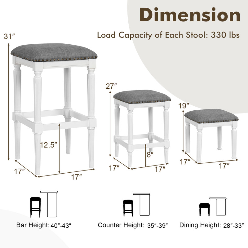 Versatile Saddle Stool Set 3 Adjustable Heights Footrests  Cushioned Seats For Kitchen  Bar 6