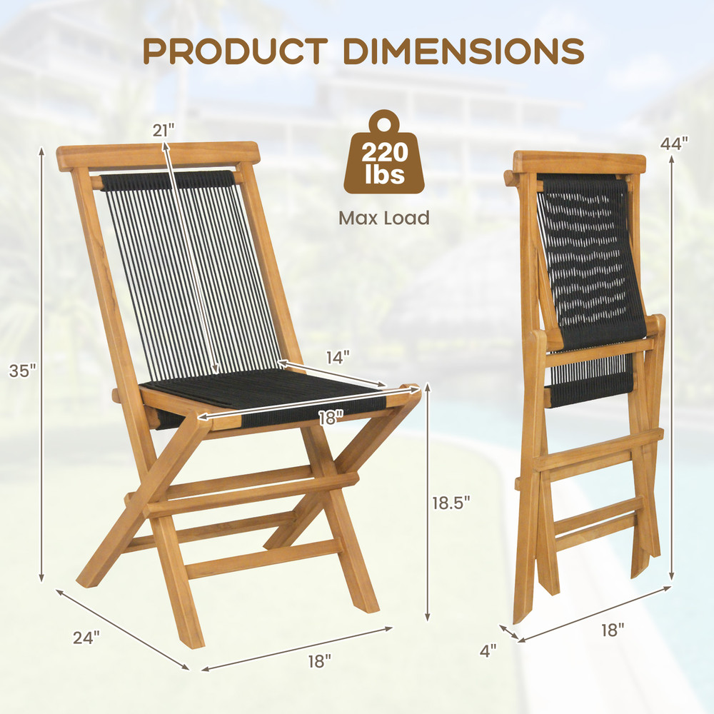 2 Piece Indonesia Teak Patio Folding Chairs With Woven Rope Seat Back For Porch Backyard Poolside 5