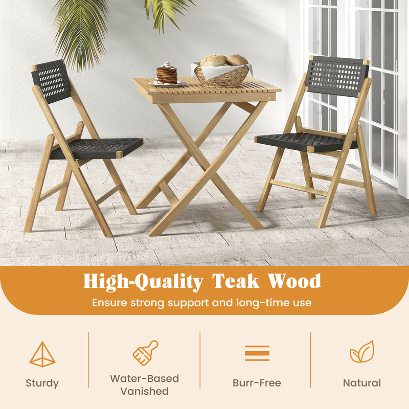 Set Of 2 Folding Chairs Indonesia Teak Wood Dining Chairs With Woven Rope Seat And Back 2
