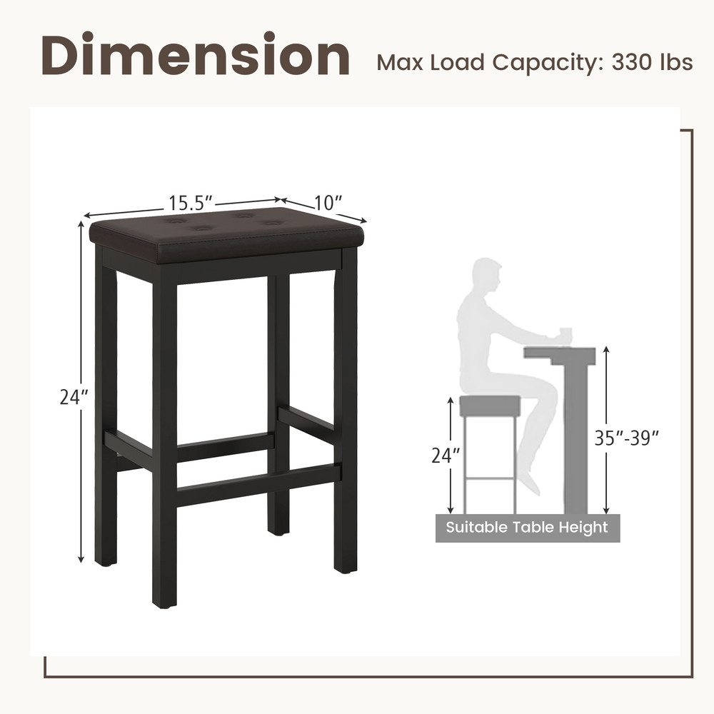 24 Inch Bar Stools With Padded Seat  Footrest Solid Rubber Wood Frame For Counter Height Seating 6