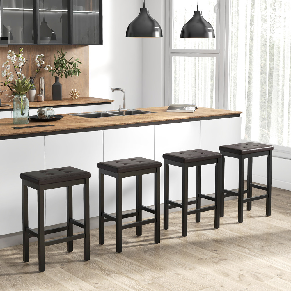 24 Inch Bar Stools With Padded Seat  Footrest Solid Rubber Wood Frame For Counter Height Seating 2