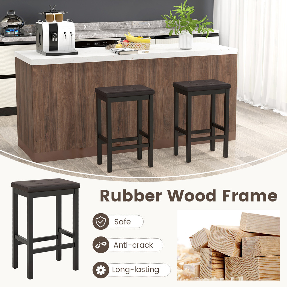 24 Inch Bar Stools With Padded Seat  Footrest Solid Rubber Wood Frame For Counter Height Seating 3