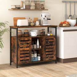 rustic industrial sideboard, buffet storage cabinet with slatted doors, 3 adjustable shelves & anti-tip design