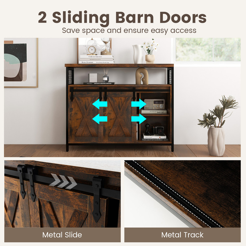 Rustic Storage Cabinet 3Level Adjustable Shelves 2 Sliding Barn Doors  Spacious Buffet For Any Room 4