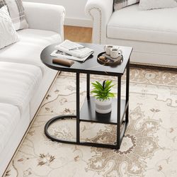 c-shaped modern sofa side table with faux marble tabletop & storage shelf, space-saving end table for living rooms