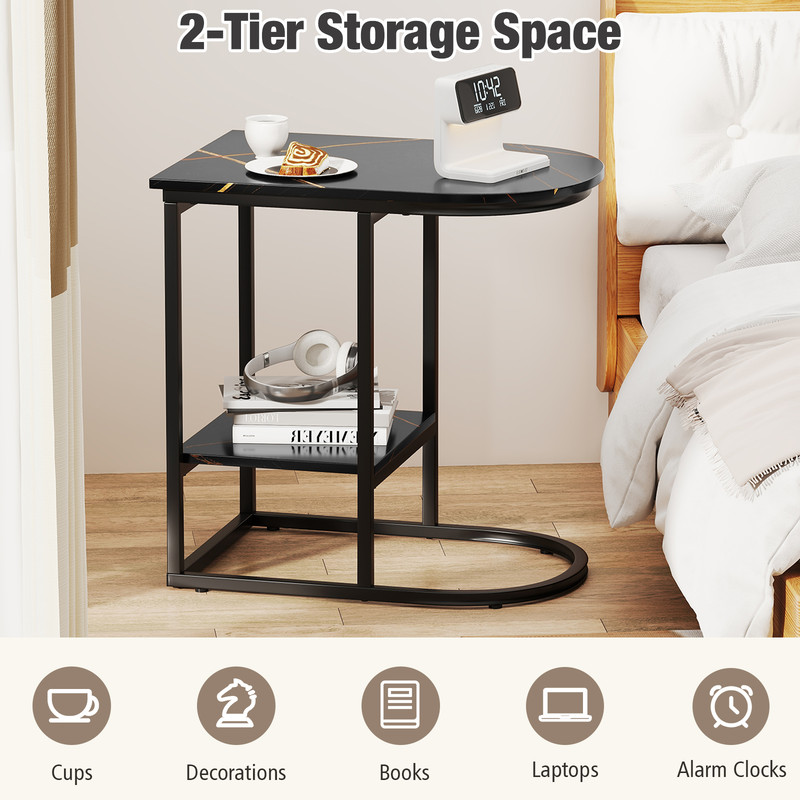 CShaped Modern Sofa Side Table With Faux Marble Tabletop  Storage Shelf SpaceSaving End Table For L 2