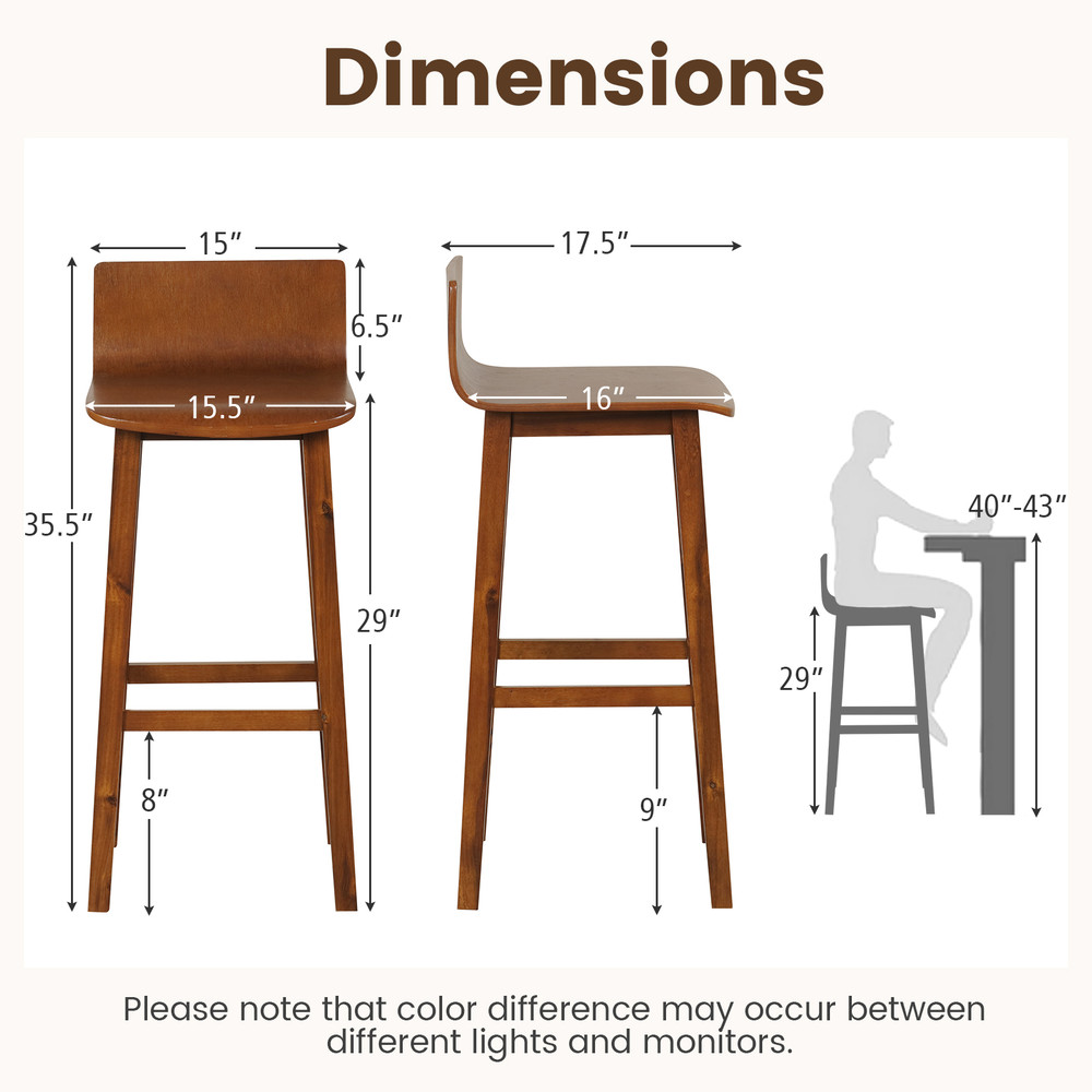 Solid Wood Bar Stools Set With Curved Seat  Back Rustic Counter Height Chairs For Kitchen Bar Or Co 7