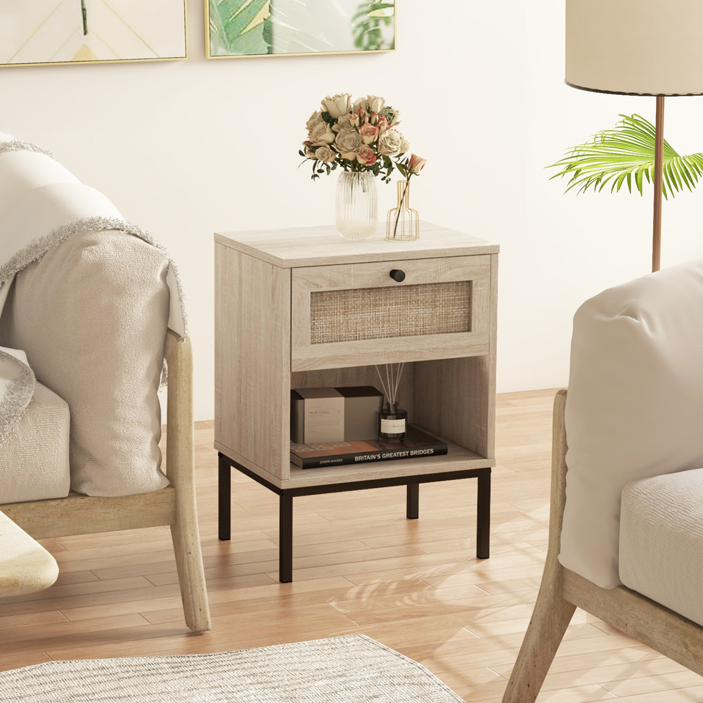 Rattan Nightstand Boho End Table With Drawer And Shelf Small Bedside Table With Open Storage For Mo 1