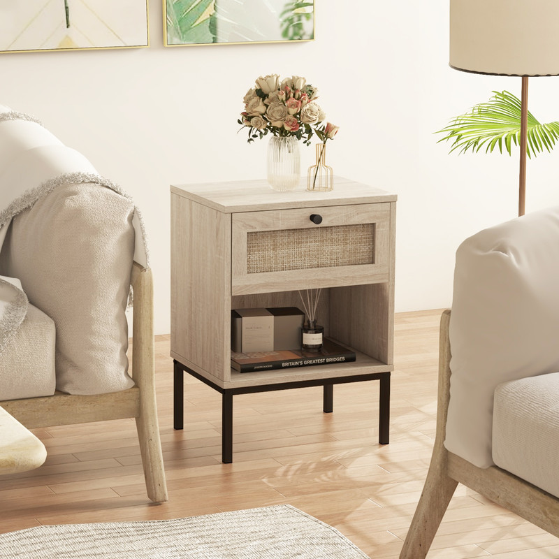 Rattan Nightstand Boho End Table With Drawer And Shelf Small Bedside Table With Open Storage For Mo 1