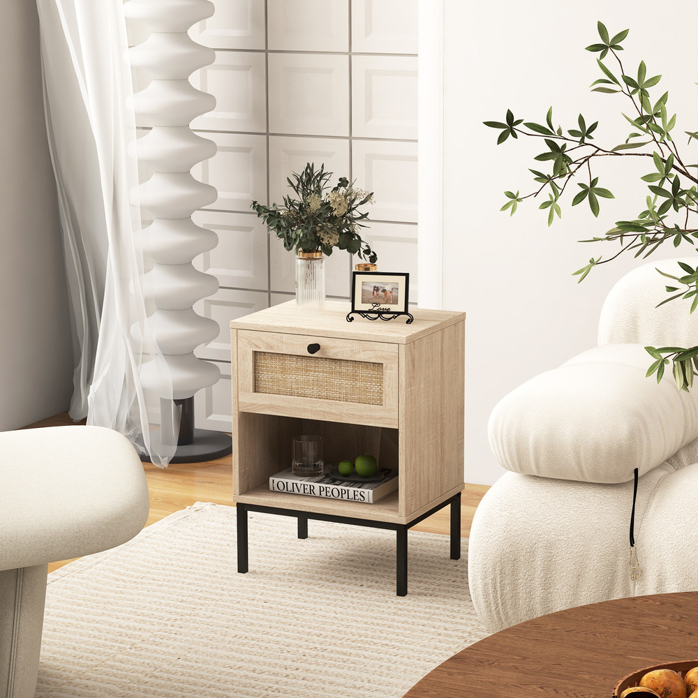 Rattan Nightstand Boho End Table With Drawer And Shelf Small Bedside Table With Open Storage For Mo 2