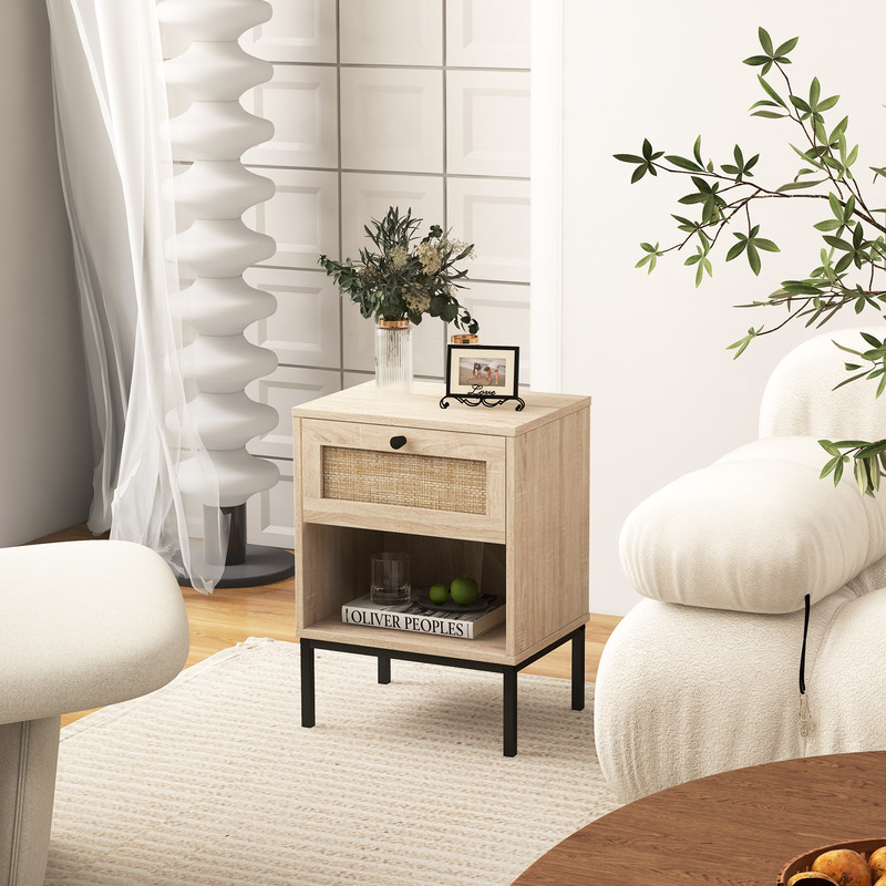 Rattan Nightstand Boho End Table With Drawer And Shelf Small Bedside Table With Open Storage For Mo 2